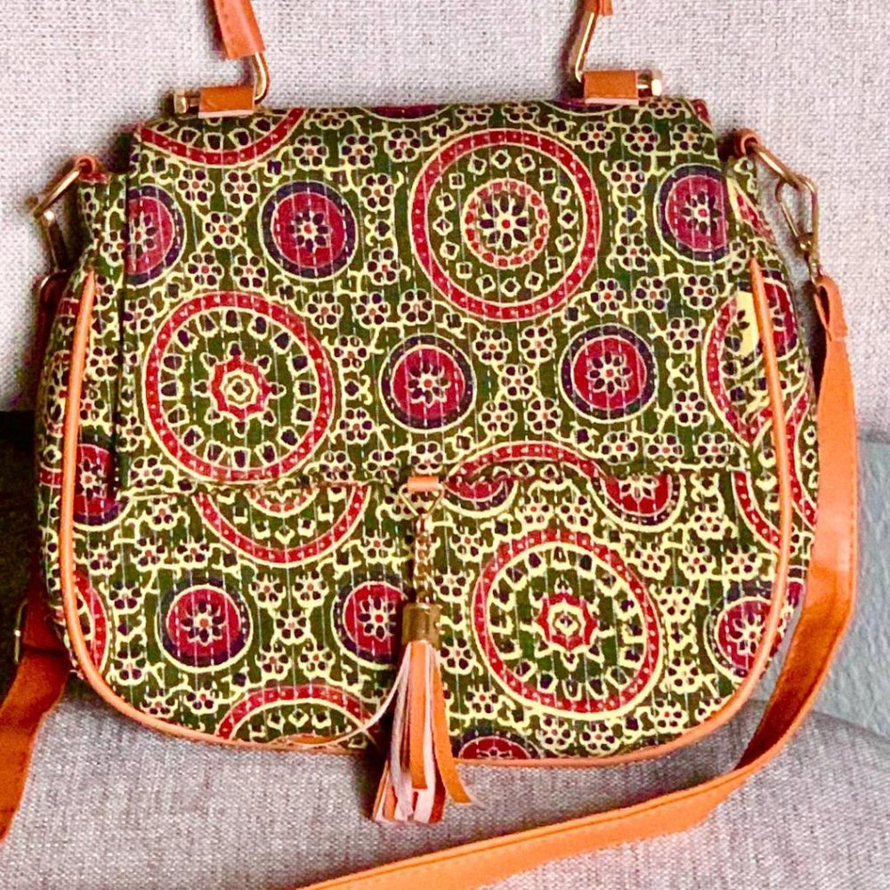 Handcrafted Cotton Ethnic Green Red Mandala Print Crossbody Tassel Handbag Bag